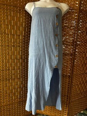 Blanco Blue Cotton Maxi Dress L Faux Button Front Slit Strappy Summer